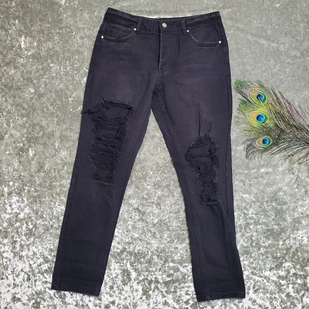 AFRM Black Distressed Button Front Jeans